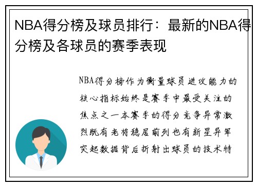 NBA得分榜及球员排行：最新的NBA得分榜及各球员的赛季表现