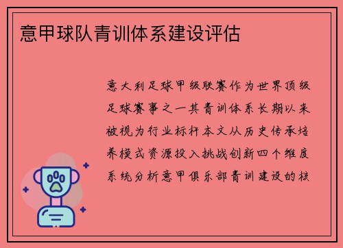 意甲球队青训体系建设评估